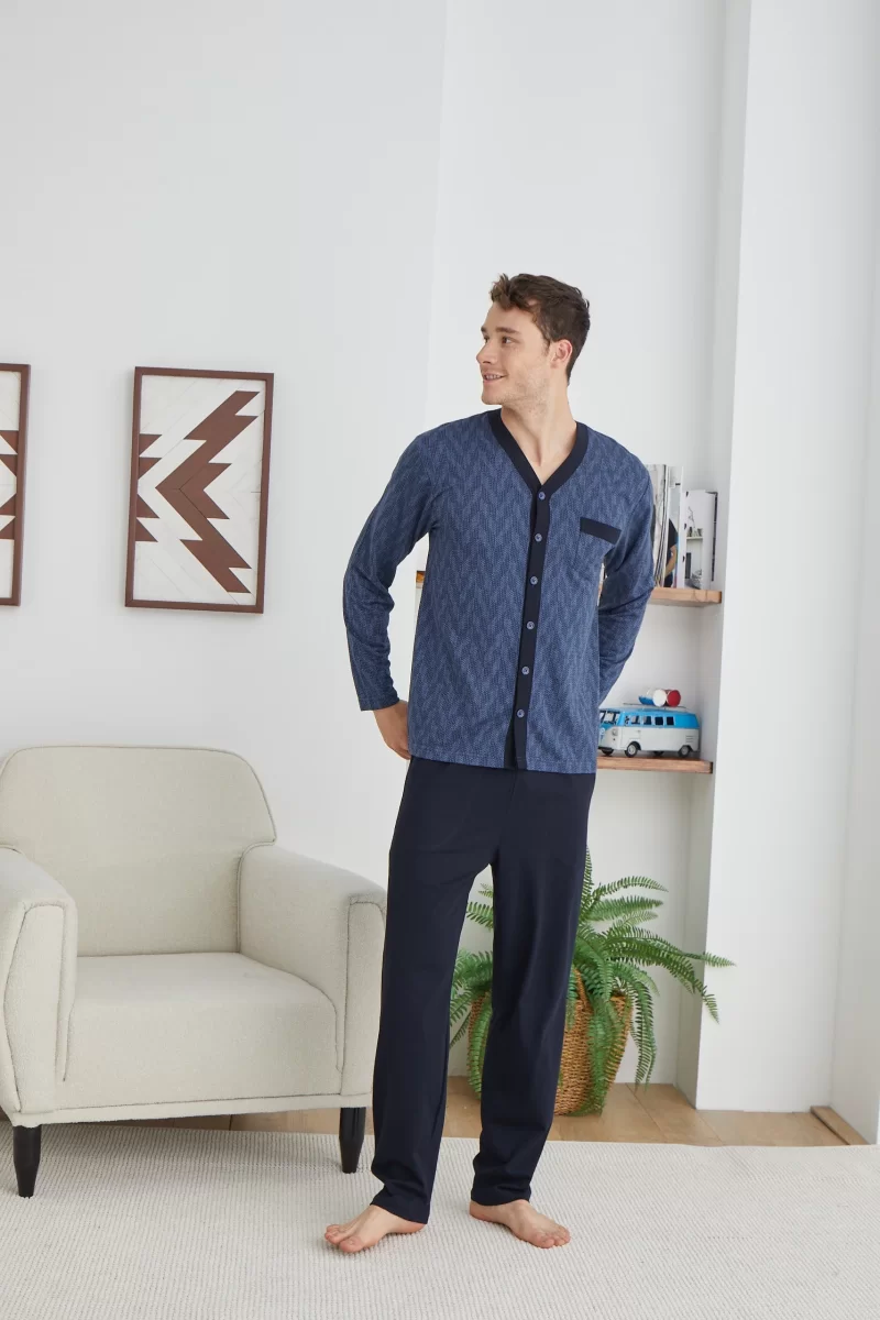 Erkek 9252 Erkek   V Yaka Boydan Düğmeli Pijama Takımı