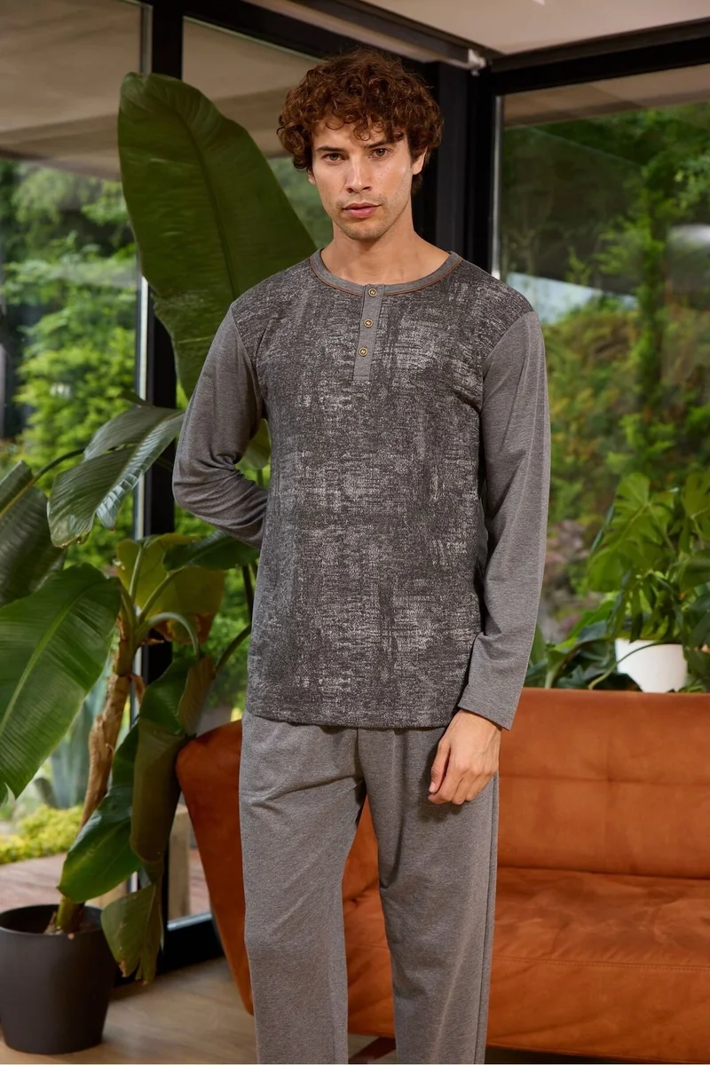 Erkek 8053 Erkek  Midi Yaka Uzun Kollu Pijama Takımı