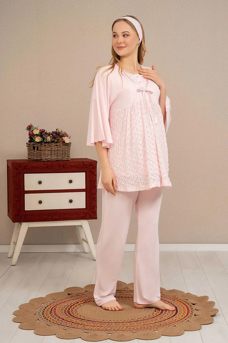 Ba-Ha 4504 Dantel Sabahlıklı Lohusa Pijama Takımı
