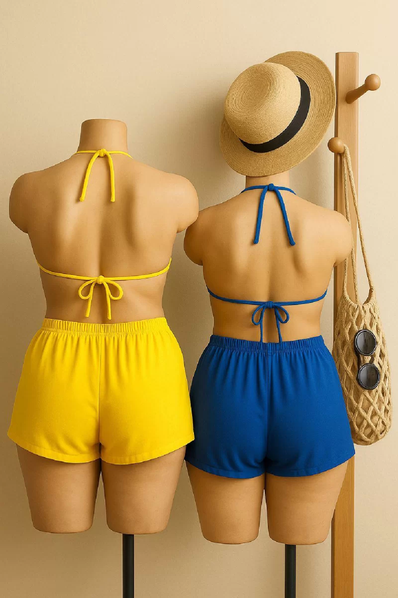 Kadın Sarı ve Mavi Şortlu Belden ve Boyundan Bağlamalı Bikini Takımı