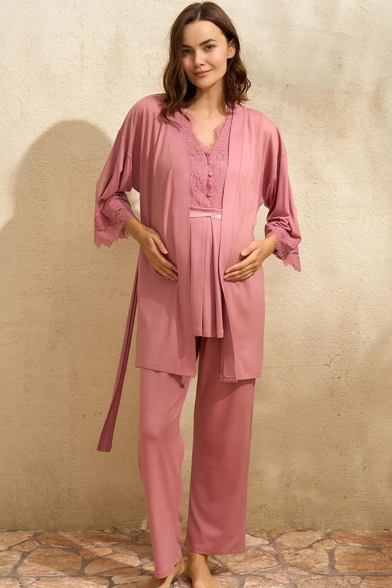 Sıfır Kol V Yaka Kadın Viskon Düz Yazlık Uzun Dantel Detaylı Hamile Pijama Takımı Sabahlık