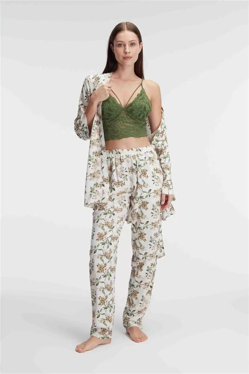 İp Askılı V Yaka Çiçek Desenli Yazlık Dokuma Dantel Detaylı Sabahlık Pijama Takımı