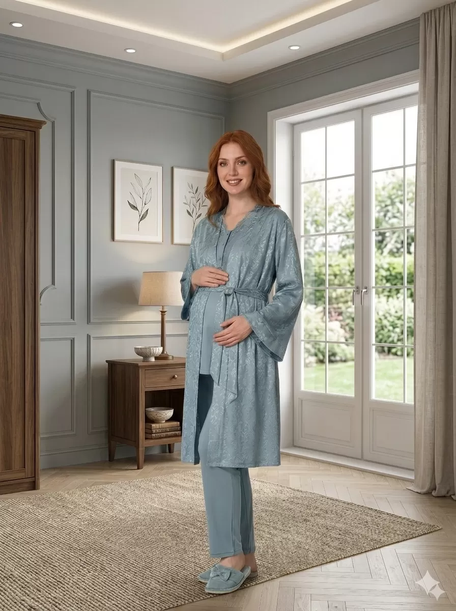 Bone 6201 Kadın Jakar Saten Sabahlıklı Lohusa Pijama Takımı