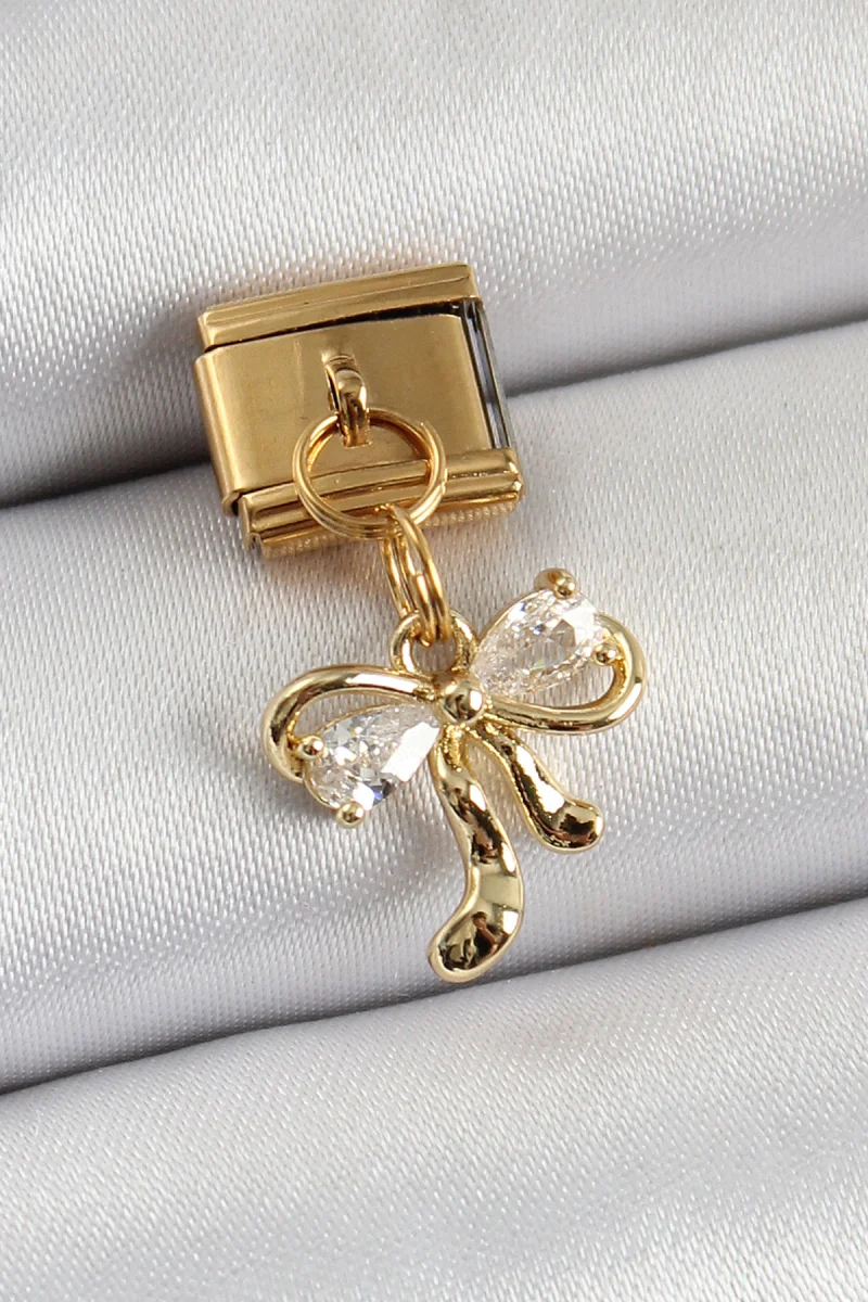 316L Çelik Sallantılı Zirkon Taşlı Fiyonk Model Gold Renk Charm
