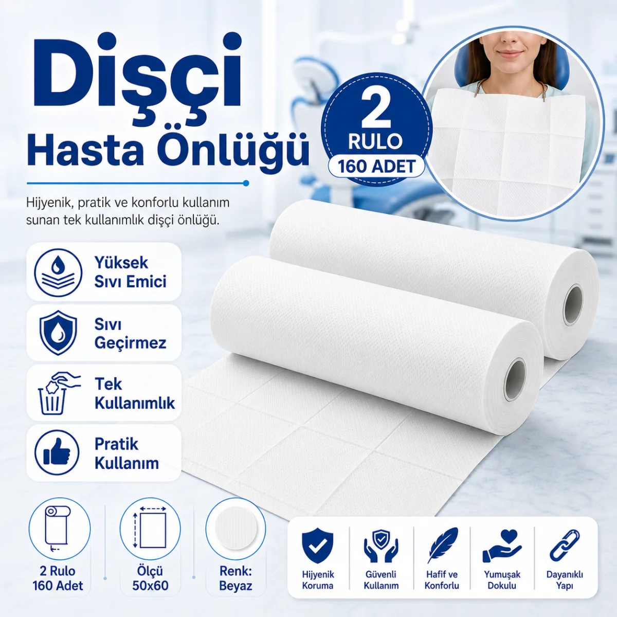 Dişçi Hasta Önlüğü 2 Rulo 160 Adet Beyaz Tek Kullanımlık Sıvı Geçirmez Yüksek Emici Hasta Örtüsü 50x60 cm