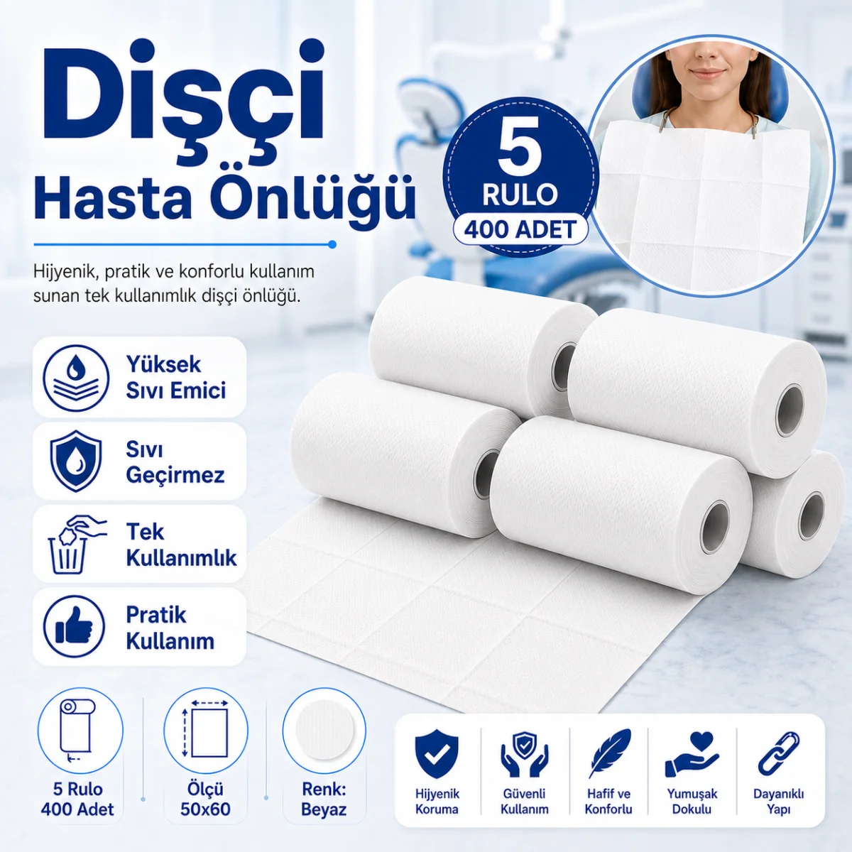 Dişçi Hasta Önlüğü 5 Rulo 400 Adet Beyaz 50x60 cm