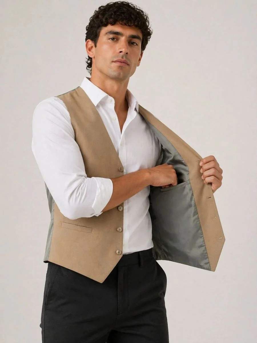 Erkek 6 Cepli Yelek İç Astarlı Sağ Sol İç Cepli Slim Fit Günlük Şık - Bej