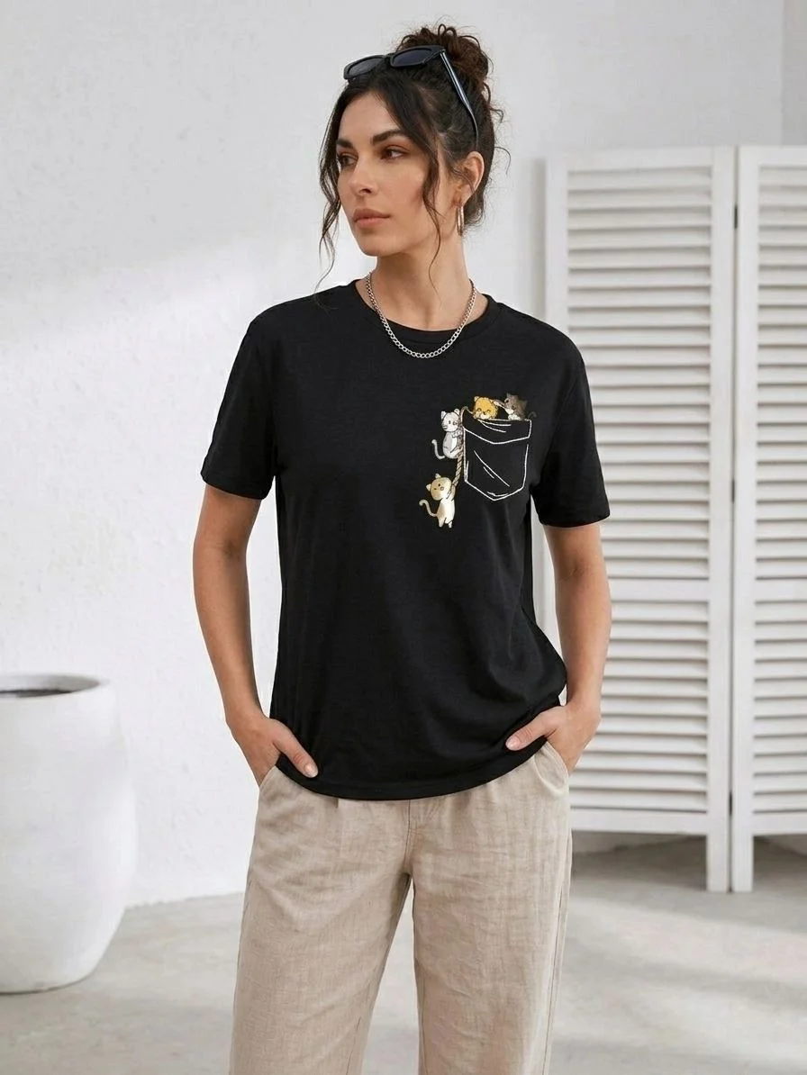Kadın Sevimli Kedi Cep Baskılı Tişört Kısa Kol Yazlık T-Shirt - Siyah