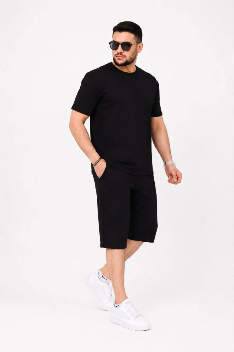 Erkek Alt Üst Takım İki İplik Kumaş Bisiklet Yaka Tişört Cepli Diz Altı Şort - Siyah