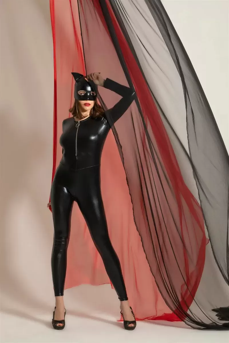 Deri Görünümlü Kedi Kadın Kostümü Fantazi Catsuit Seksi Kostüm-Sexy Cosplay -Kadın Siyah Tulum