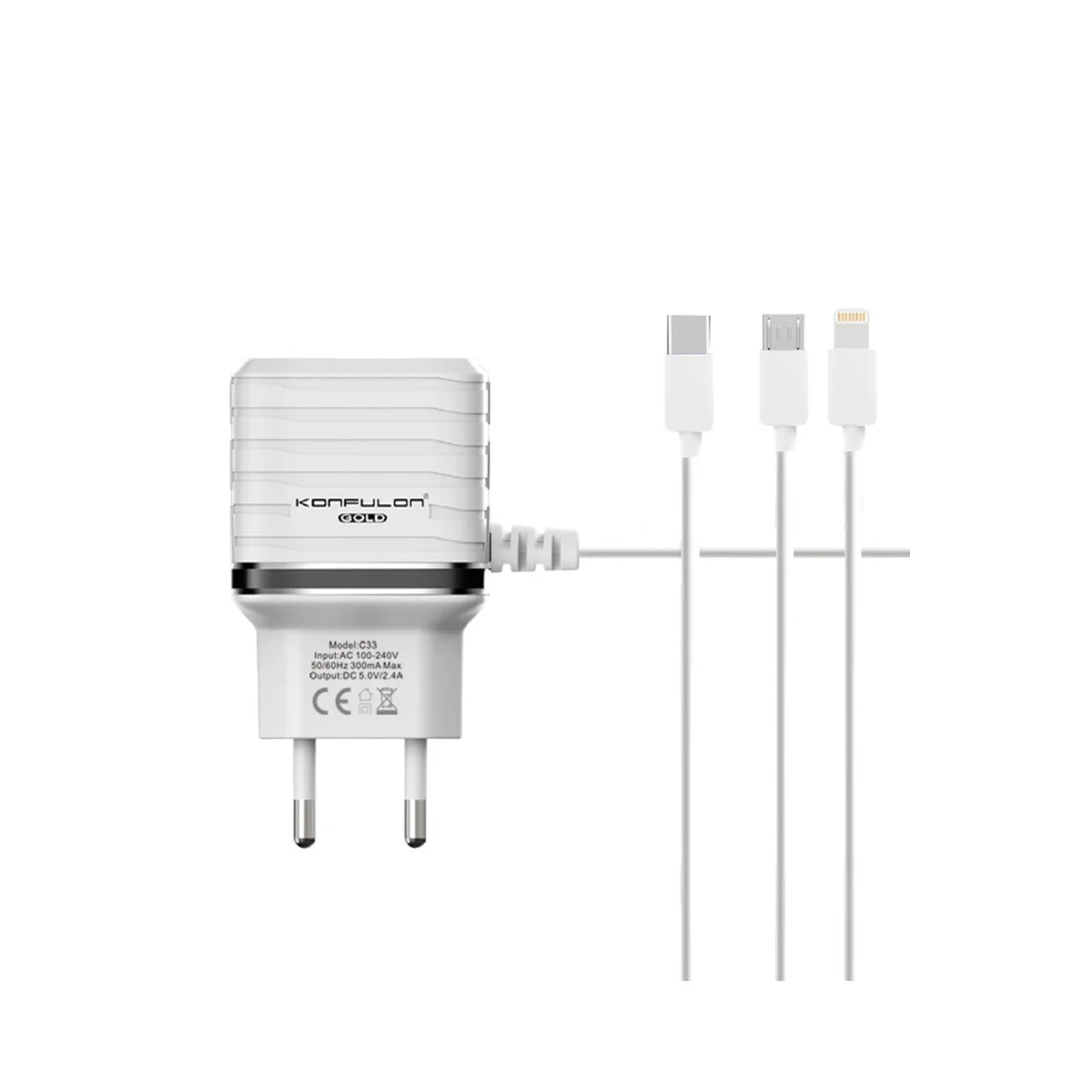 C33 Hızlı Şarj Cihazı 3in1 (Dahili Lightning Kablo iphone Uyumlulu)