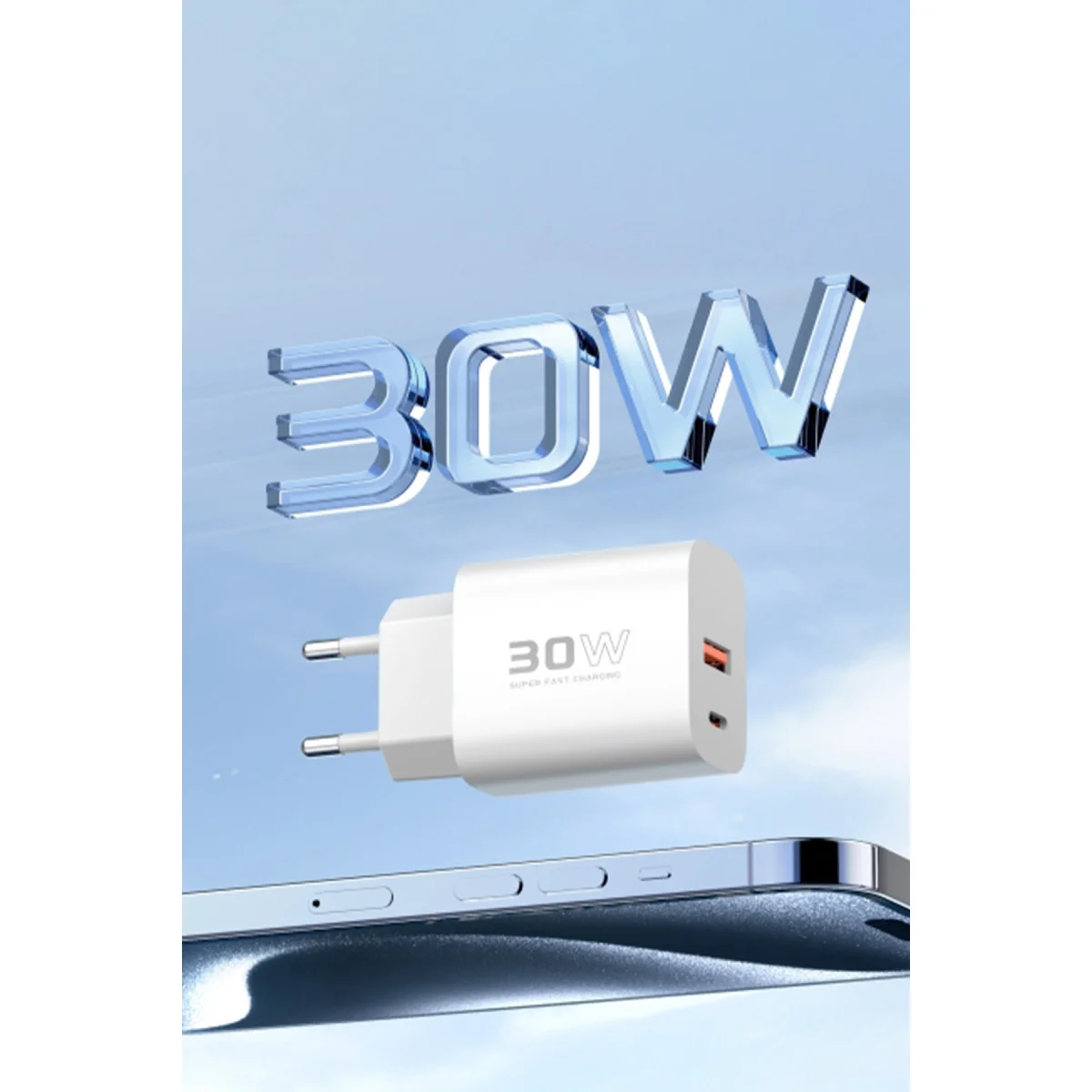 C89Q 1 Adet 30W Type-C ve 1 Adet 22.5W USB Çıkışlı Ekstra DL49 1M USB to Type-C Kablolu PD Şarj Cihazı - Beyaz