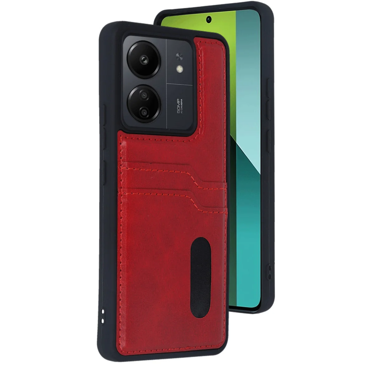 Redmi 13C Kılıf Sara Kartvizitli Deri Kılıf - Kırmızı