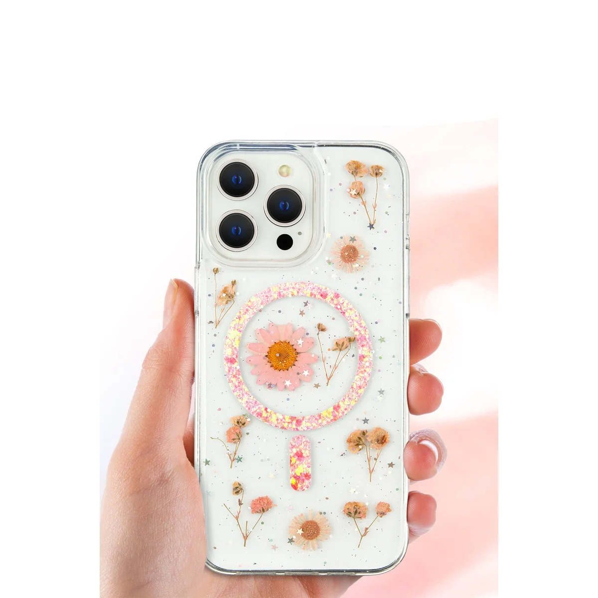 iPhone 16 Pro Max Kılıf Daisy Simli Magsafe Kapak - Pembe