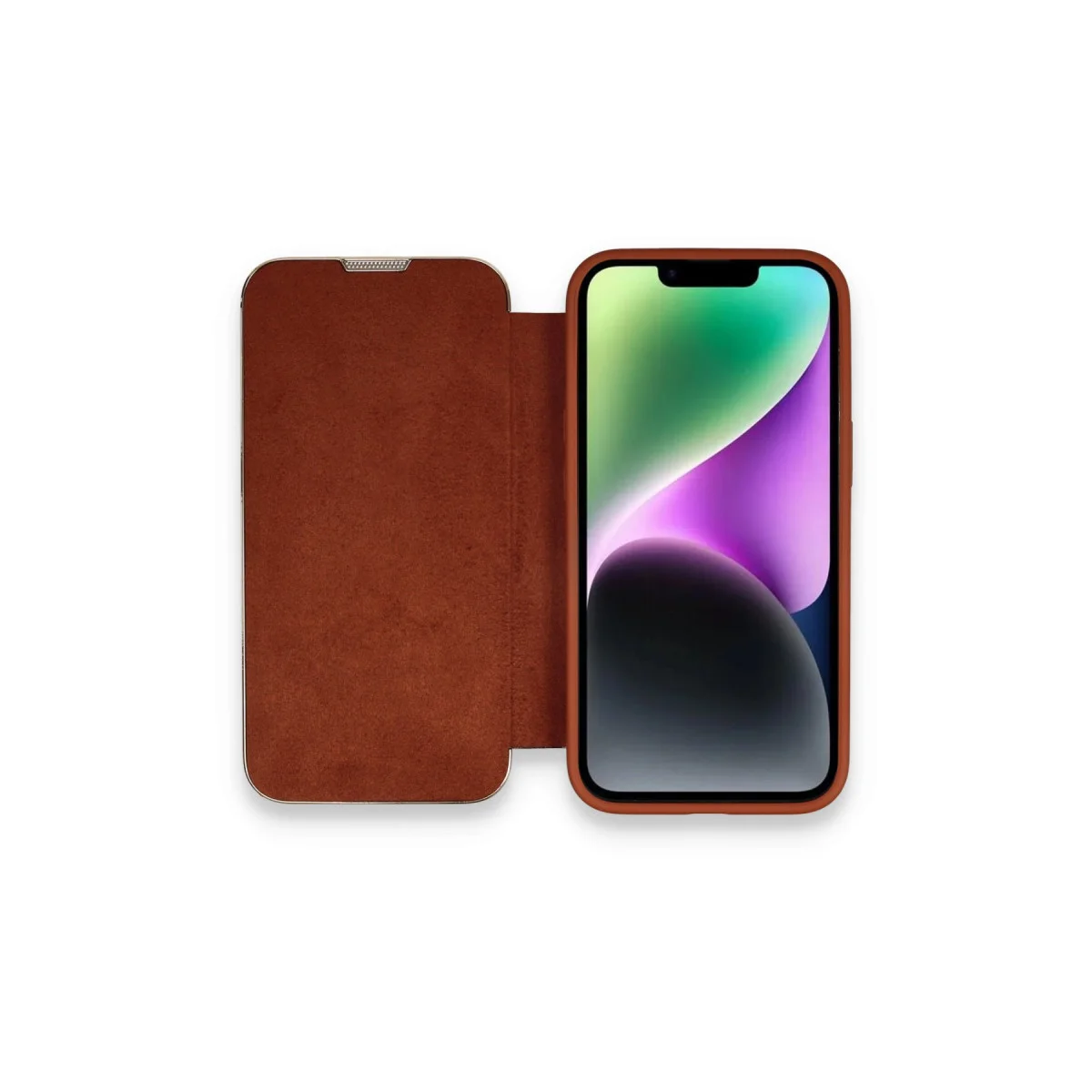 iPhone 14 Pro Max Kılıf Dolpin Kapaklı - Kahverengi