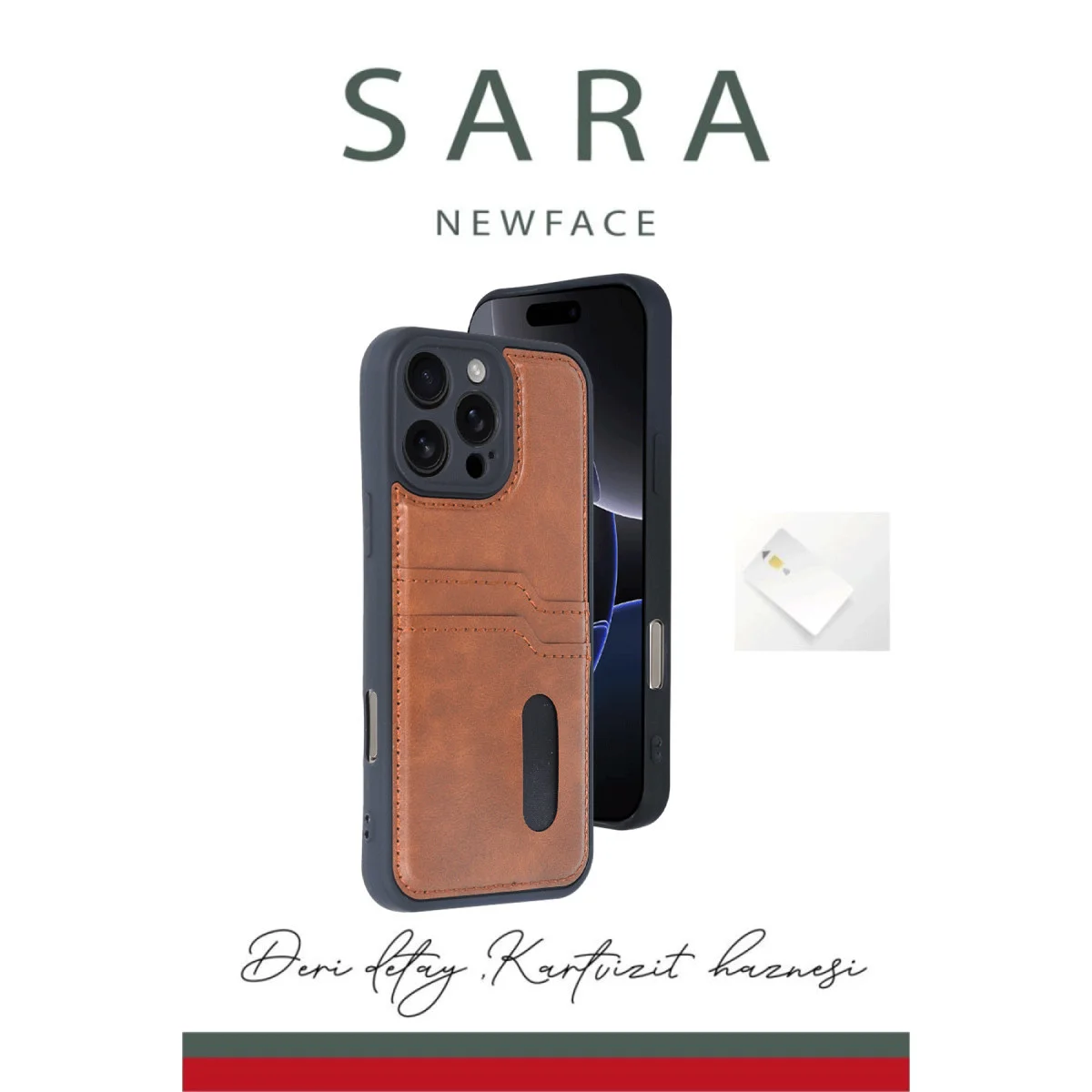 iPhone 16 Pro Max Kılıf Sara Kartvizitli Deri Kılıf - Taba