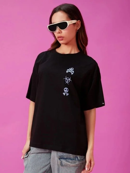 Kadın Kısa Kol Yazlık Tişört Bisiklet Yaka Baskılı Oversize T-Shirt - Siyah