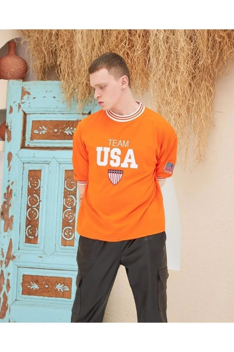 Erkek Bisiklet Yaka Tişört Nakış İşlemeli Kısa Kol Oversize T-Shirt - Turuncu