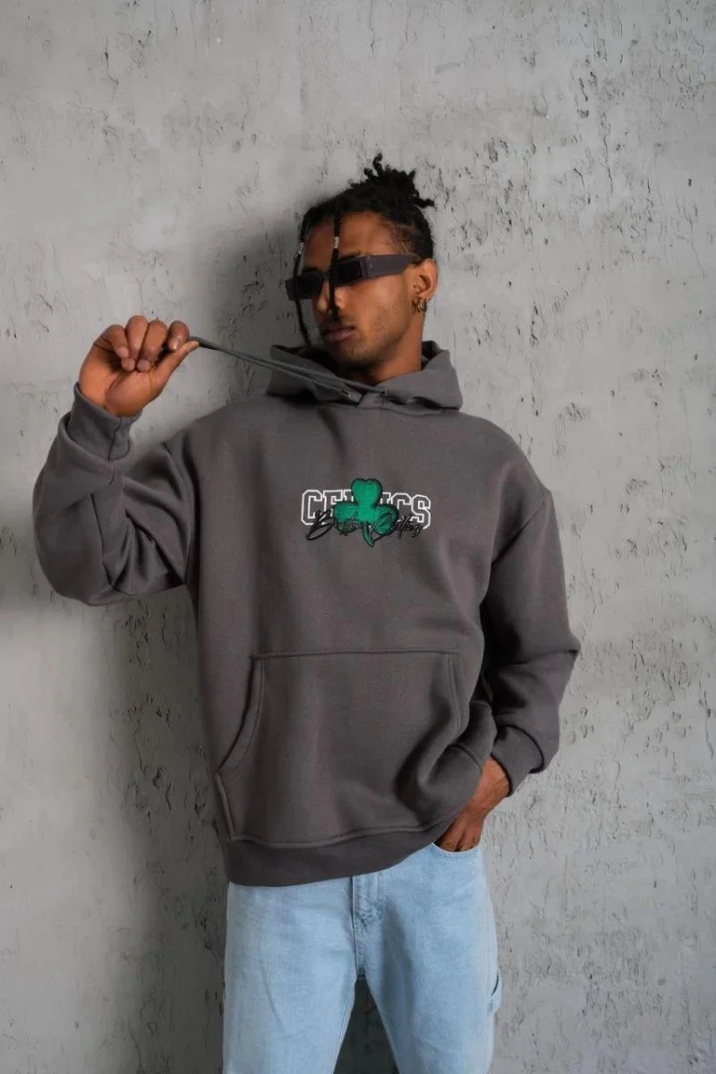Erkek 3 İplik Pamuklu Kapüşonlu Baskılı Cepli Oversize Sweatshirt Hoodie - Gri