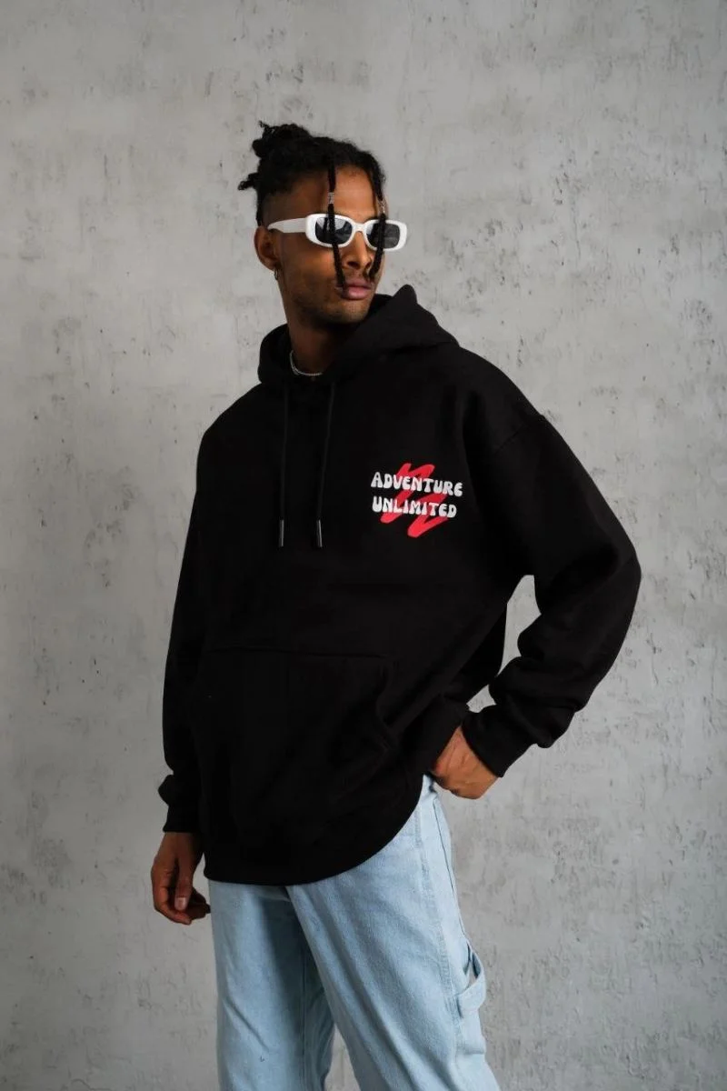 Erkek 3 İplik Pamuklu Kapüşonlu Baskılı Cepli Oversize Sweatshirt Hoodie - Siyah