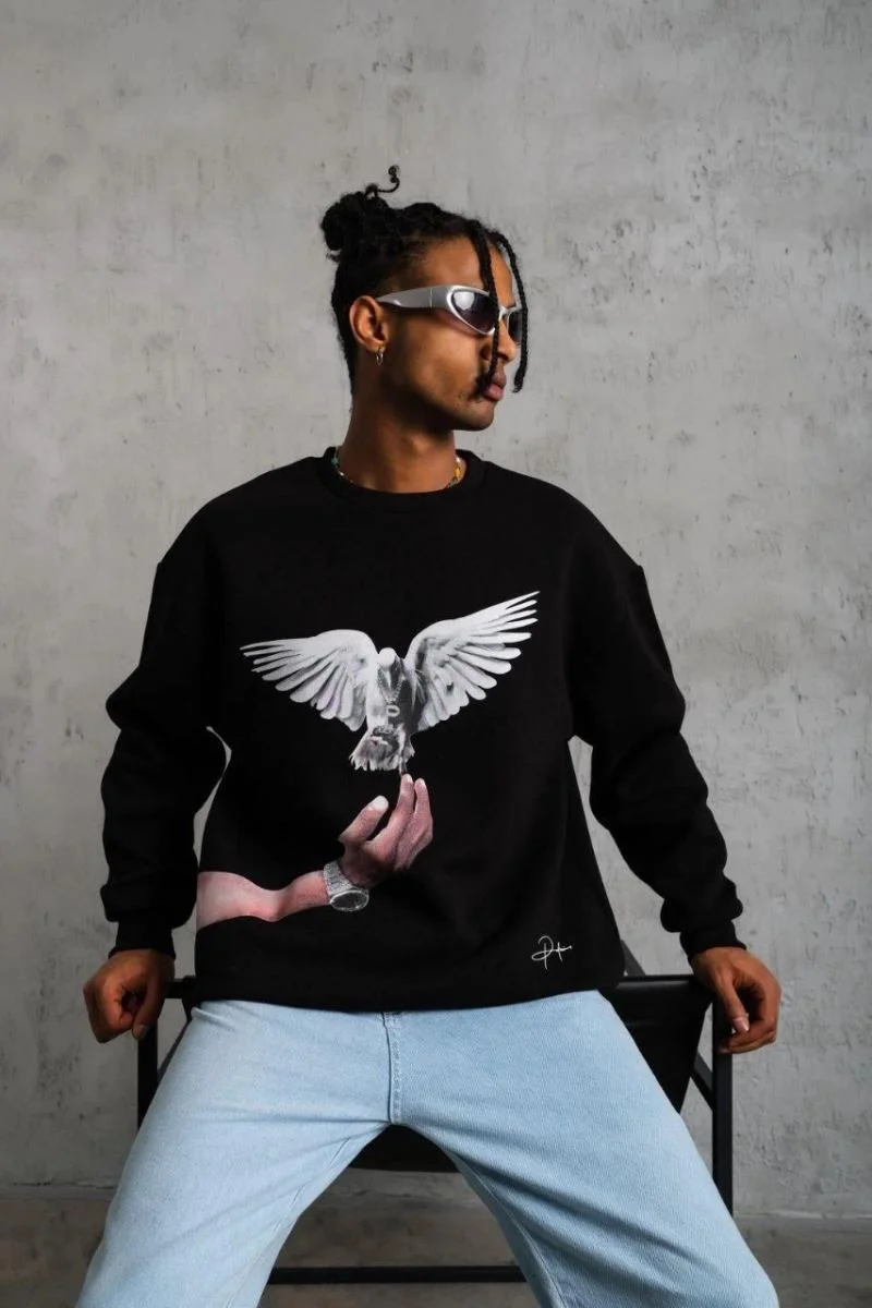 Erkek Güvercin Baskılı 3 iplik Bisiklet Yaka ipamuklu Sweatshirt - Siyah