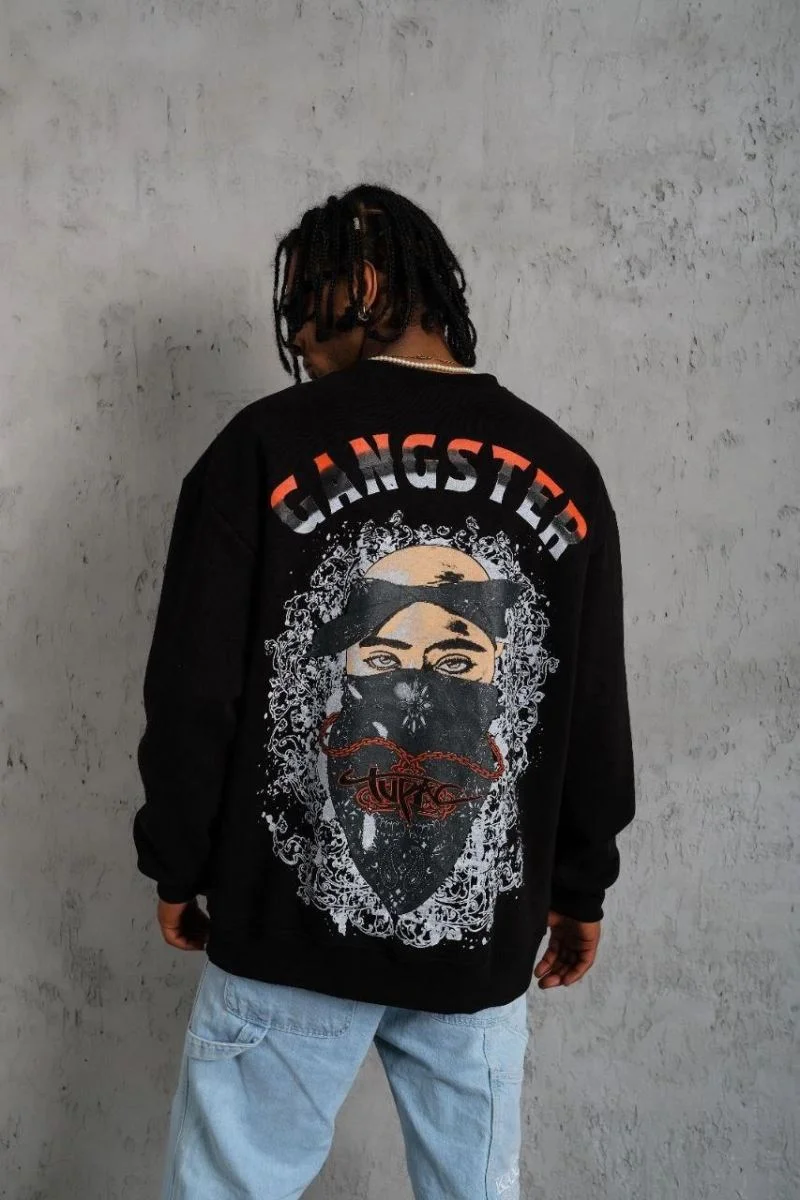 Erkek 3 İplik Pamuklu Bisiklet Yaka Gangster Baskılı Sweatshirt - Siyah
