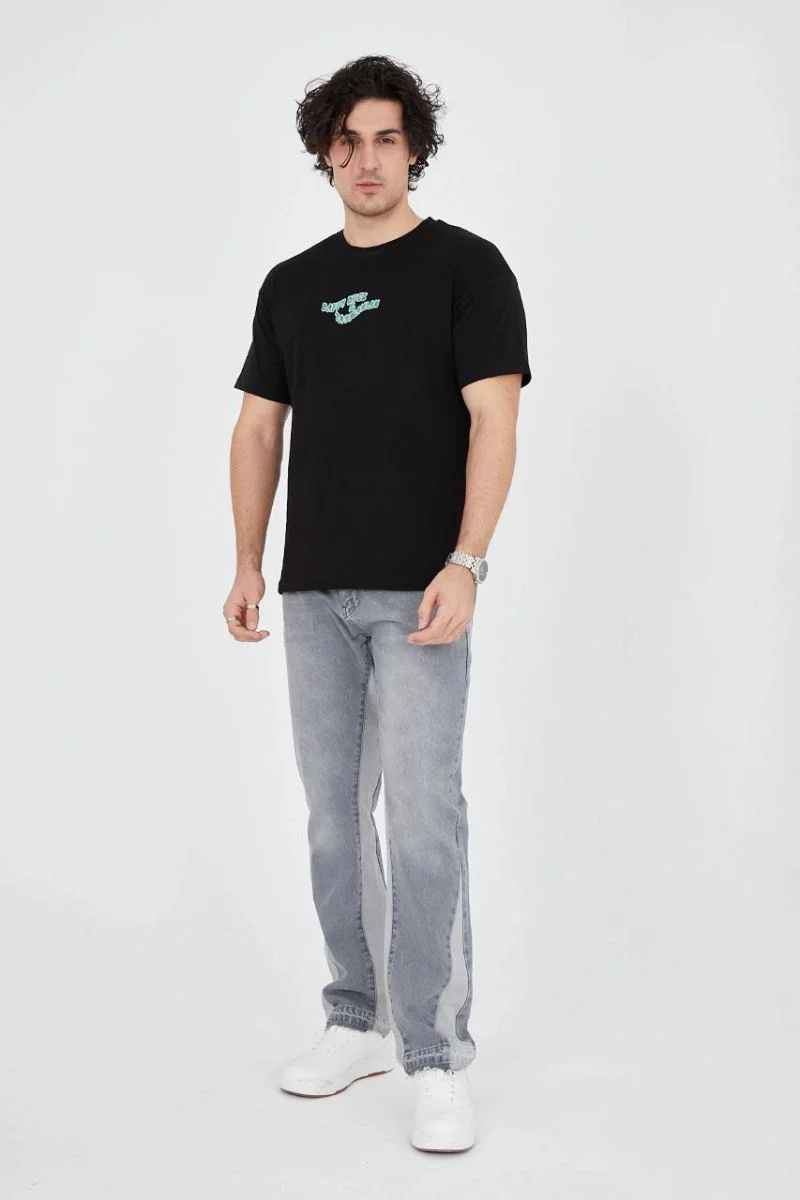 Erkek Baskılı T-Shirt Kısa Kol Bisiklet Yaka Regular Fit Rahat Kalıp Günlük Tişört - Siyah