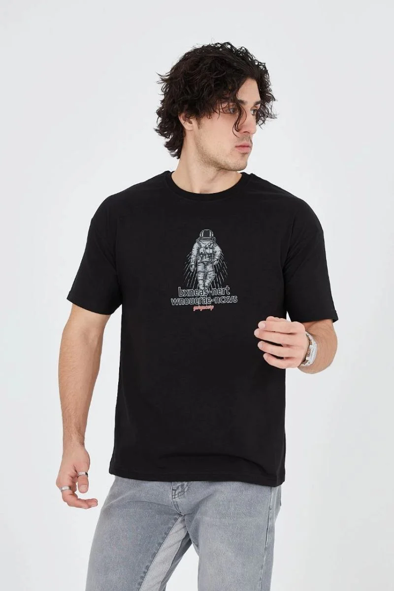 Erkek Baskılı T-Shirt Kısa Kol Bisiklet Yaka Regular Fit Rahat Kalıp Günlük Tişört - Siyah