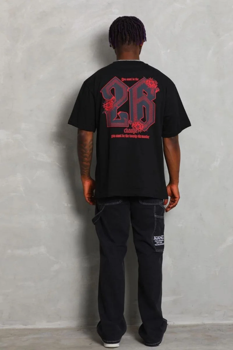 Erkek Baskılı Tişört Kısa Kol Bisiklet Yaka Oversize T-Shirt - Siyah