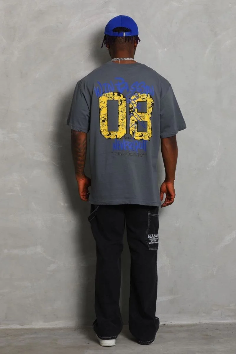 Erkek Baskılı Tişort Kısa Kol Bisiklet Yaka Oversize T-Shirt - Füme