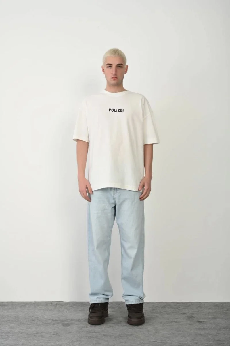 Erkek Baskılı T-Shirt Kısa Kol Bisiklet Yaka Rahat Kalıp Tişört - Beyaz