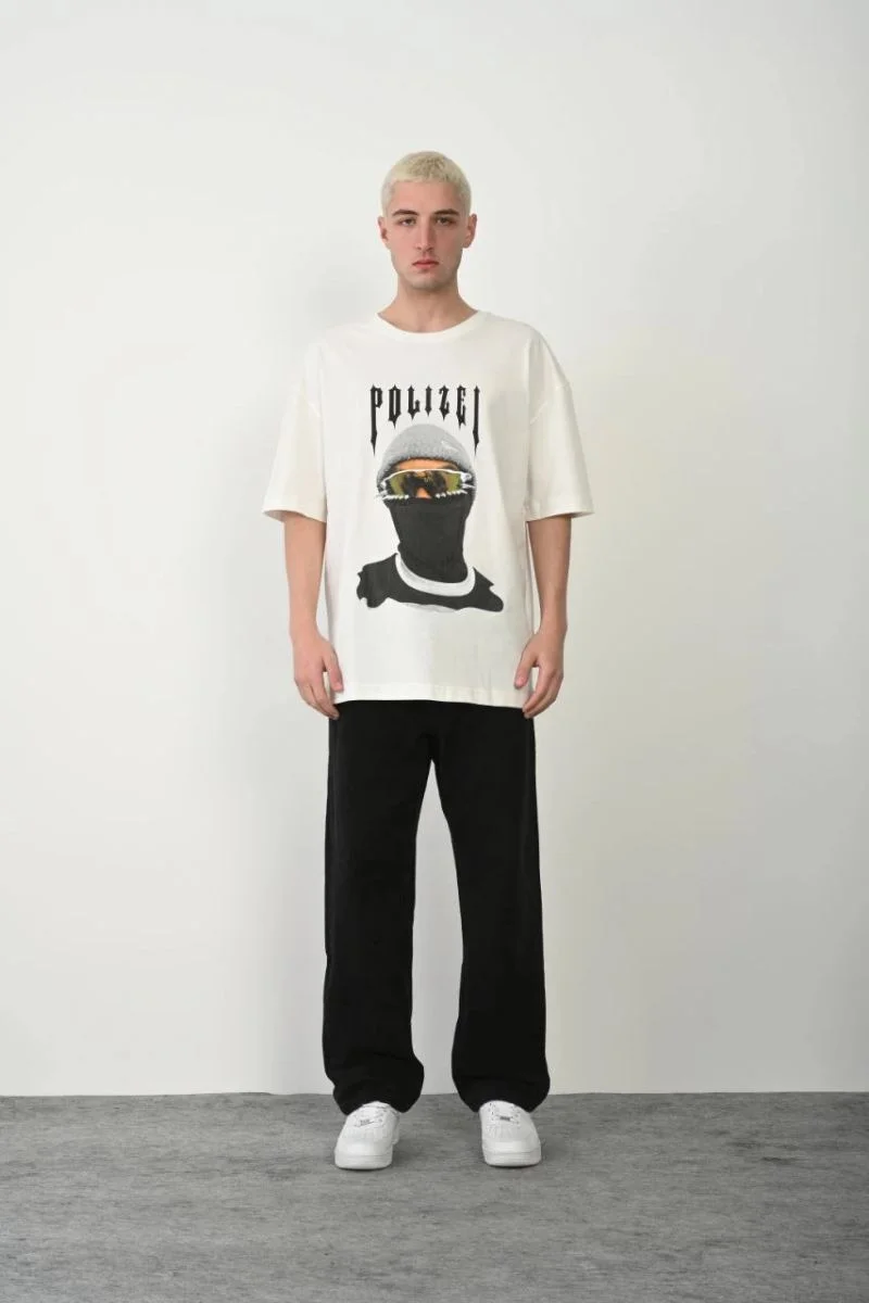 Erkek Baskılı T-Shirt Kısa Kol Bisiklet Yaka Rahat Kalıp Tişört - Beyaz