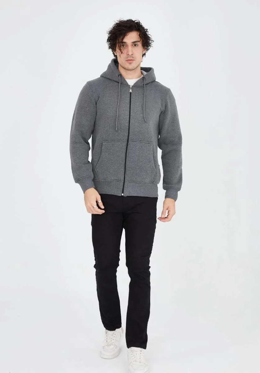 Erkek 3 İplik Pamuklu Kapüşonlu Tam Fermuarlı Cepli Hoodie Sweatshirt - Füme