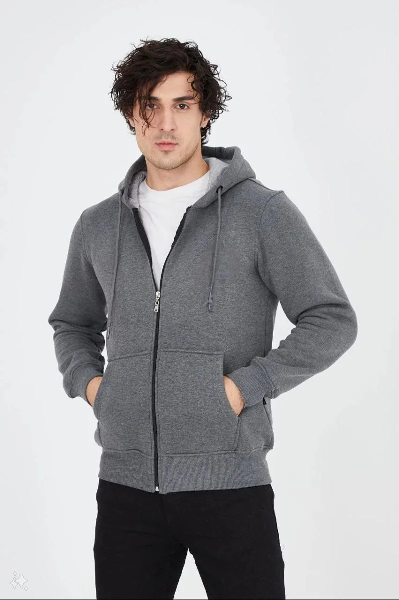 Erkek 3 İplik Pamuklu Kapüşonlu Tam Fermuarlı Cepli Hoodie Sweatshirt - Füme