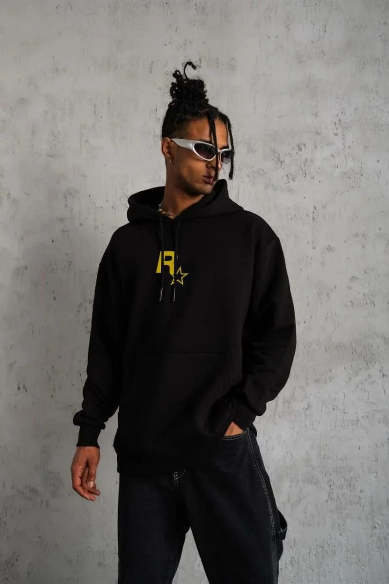 Erkek 3 İplik Pamuklu Kapüşonlu Baskılı Cepli Oversize Sweatshirt Hoodie - Siyah