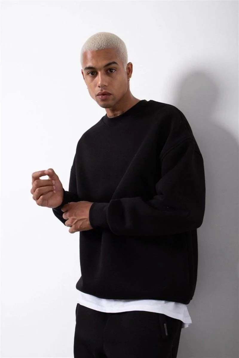 ERKEK Bisikilet Yaka 3 İplik Pamuklu SweatShirt - Siyah