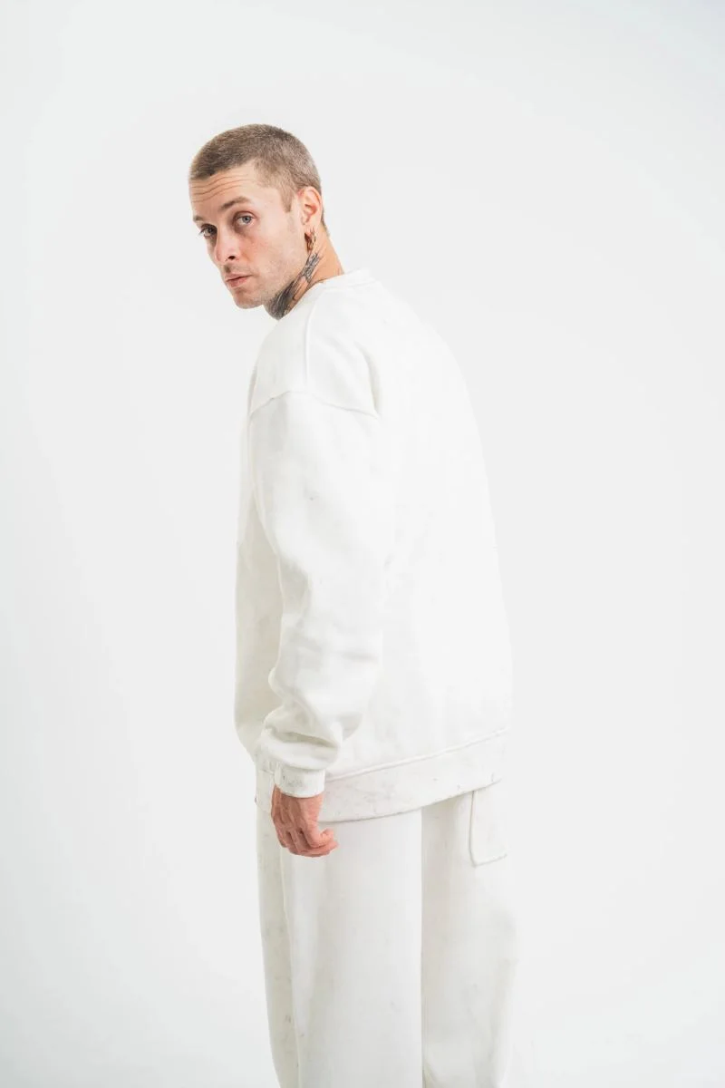 ERKEK 3 İplik Pamuklu Bisiklet Yaka Yıkamalı SweatShirt - Beyaz