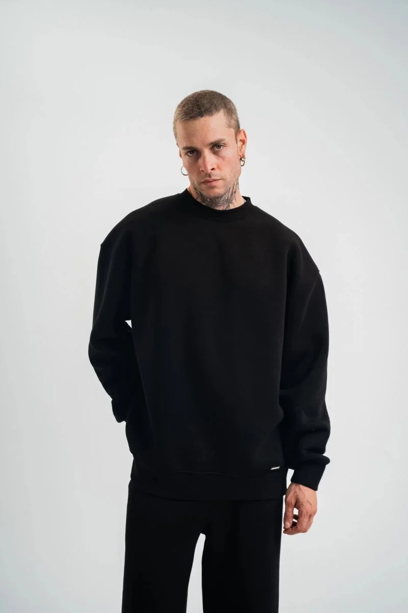 Erkek Uzun Kol Bisiklet Yaka 3 iplik Pamuklu Kışlık SweatShirt - Siyah