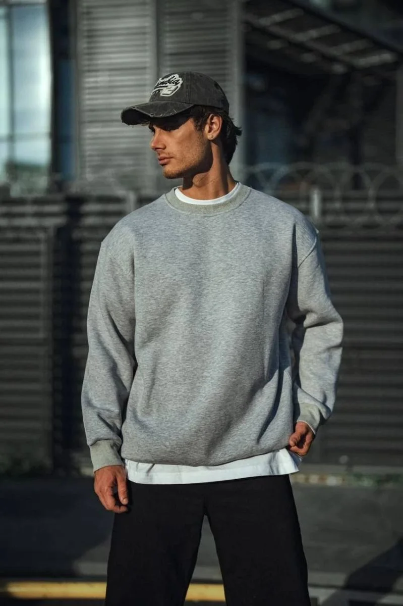 Erkek Kışlık Bisiklet Yaka 3 İplik Basic SweatShirt - Gri