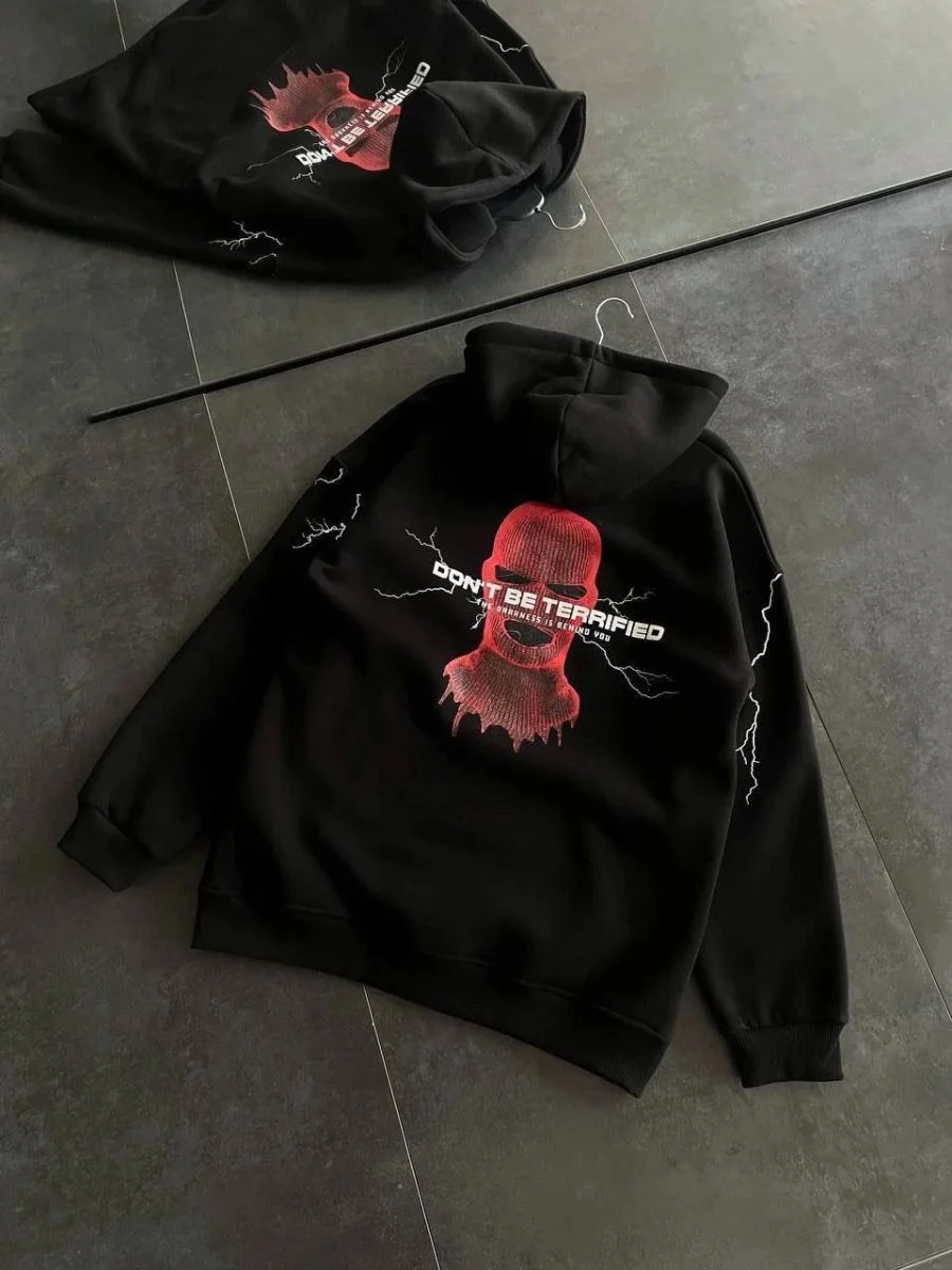 Kadın Kapüşonlu Kanguru Cepli Sweatshirt 3 İplik Pamuklu Baskılı Hoodie - Siyah