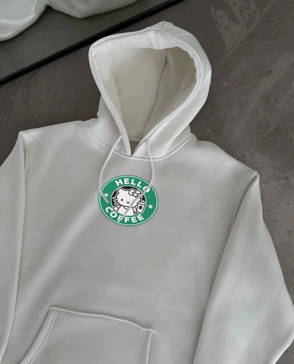 Kadın Oversize Kapüşonlu Kanguru Cepli Baskılı 3 İplik Pamuklu Sweatshirt Hoodie -   Beyaz