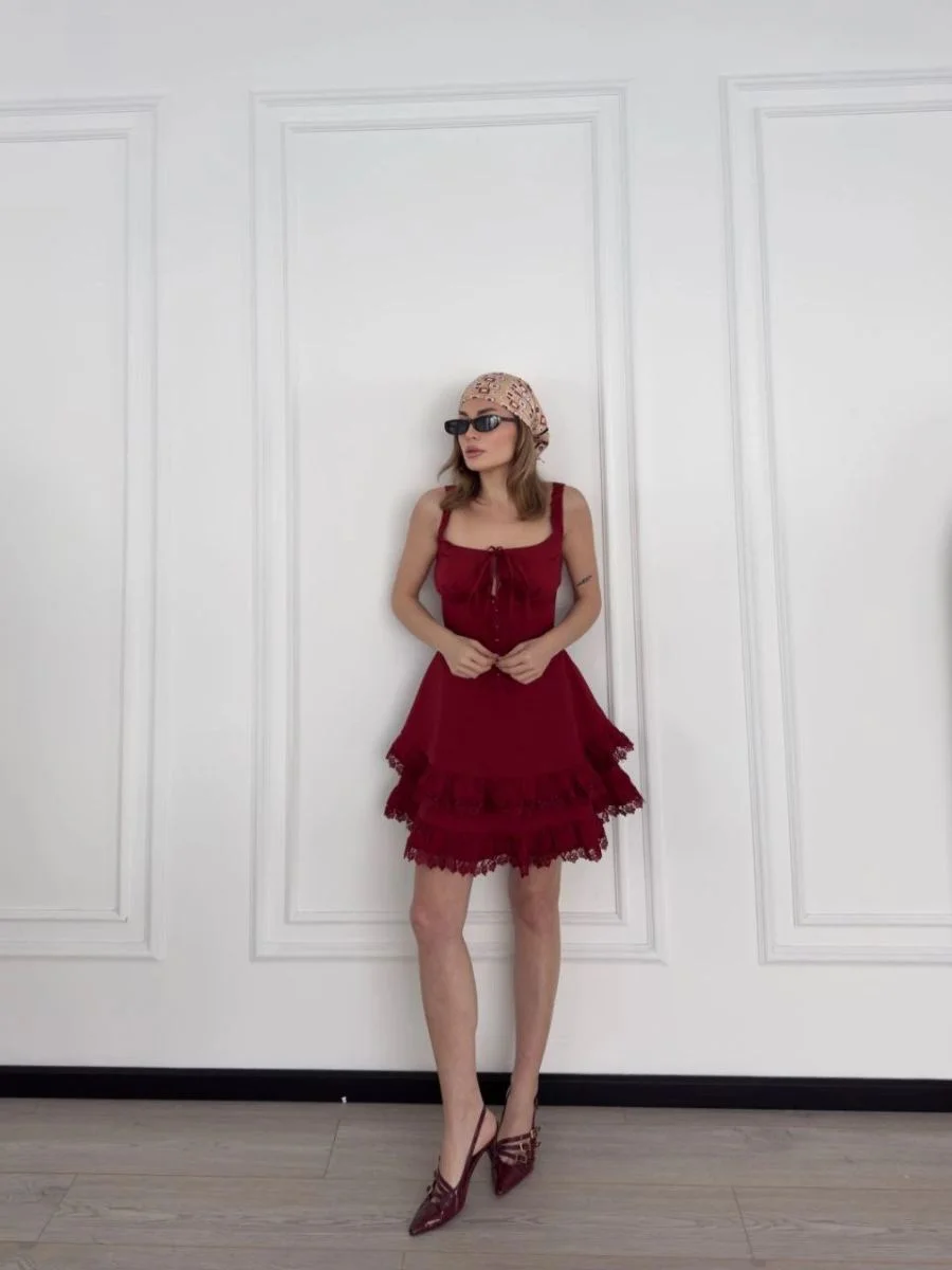 Kadın Mini Askılı Elbise - Bordo