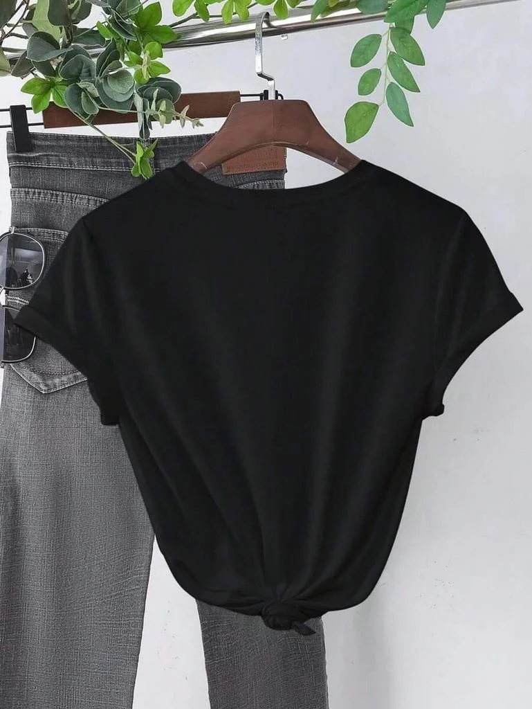 Kadın Kısa Kol Yazlık Tişört Bisiklet Yaka Baskılı Oversize T-Shirt - Siyah