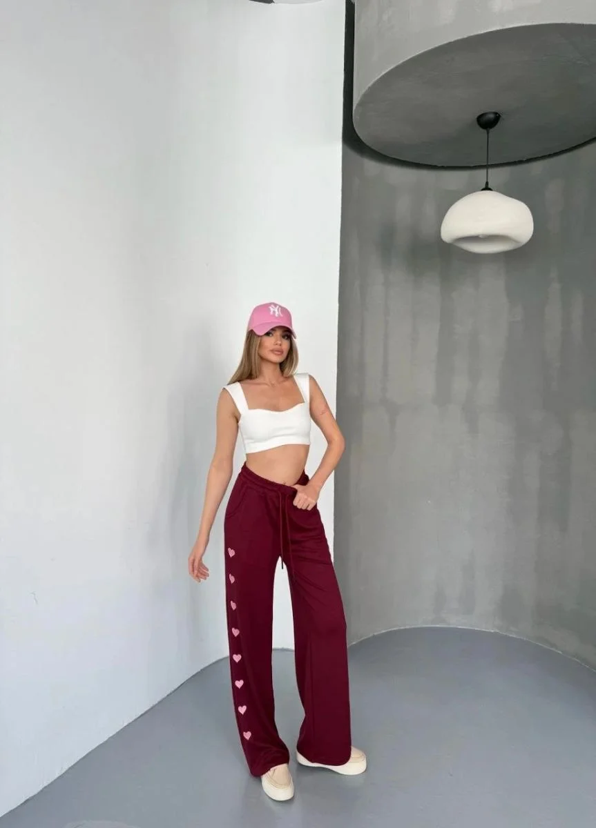 Kadın Osy Modal Yumuşak Dokulu Nakışlı Rahat Bol Paça Eşofman Pantolon - Bordo