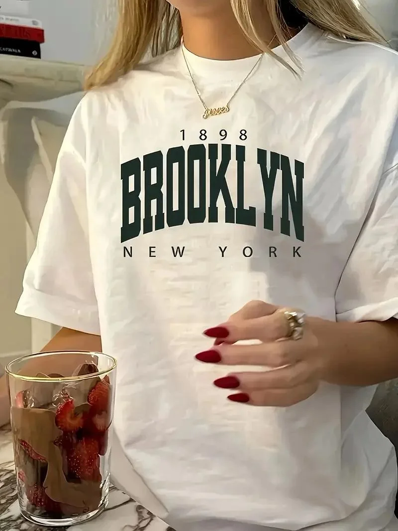 Kadın Tişört Bisiklet Yaka Brooklyn Baskılı Kısa Kollu T-shirt - Beyaz