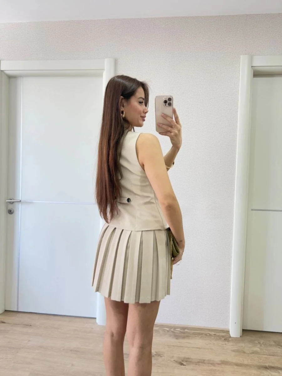 Kadın Keten Takım Görünümlü Düğme Detaylı Yelekli Mini Elbise - Bej