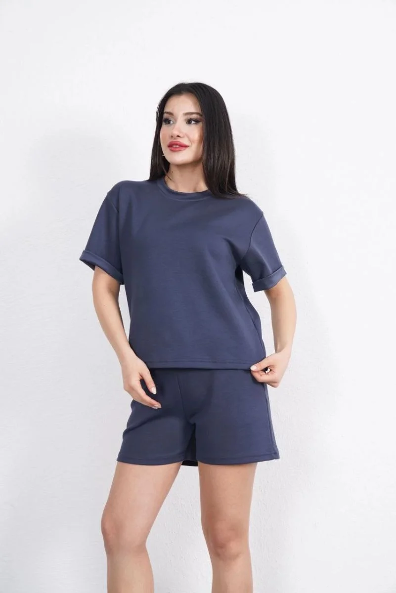 Osy Modal yumuşak dokulu Kumaş Kadın Bisiklet Yaka T-shirt Kısa Şort İkili Takım - Antrasit