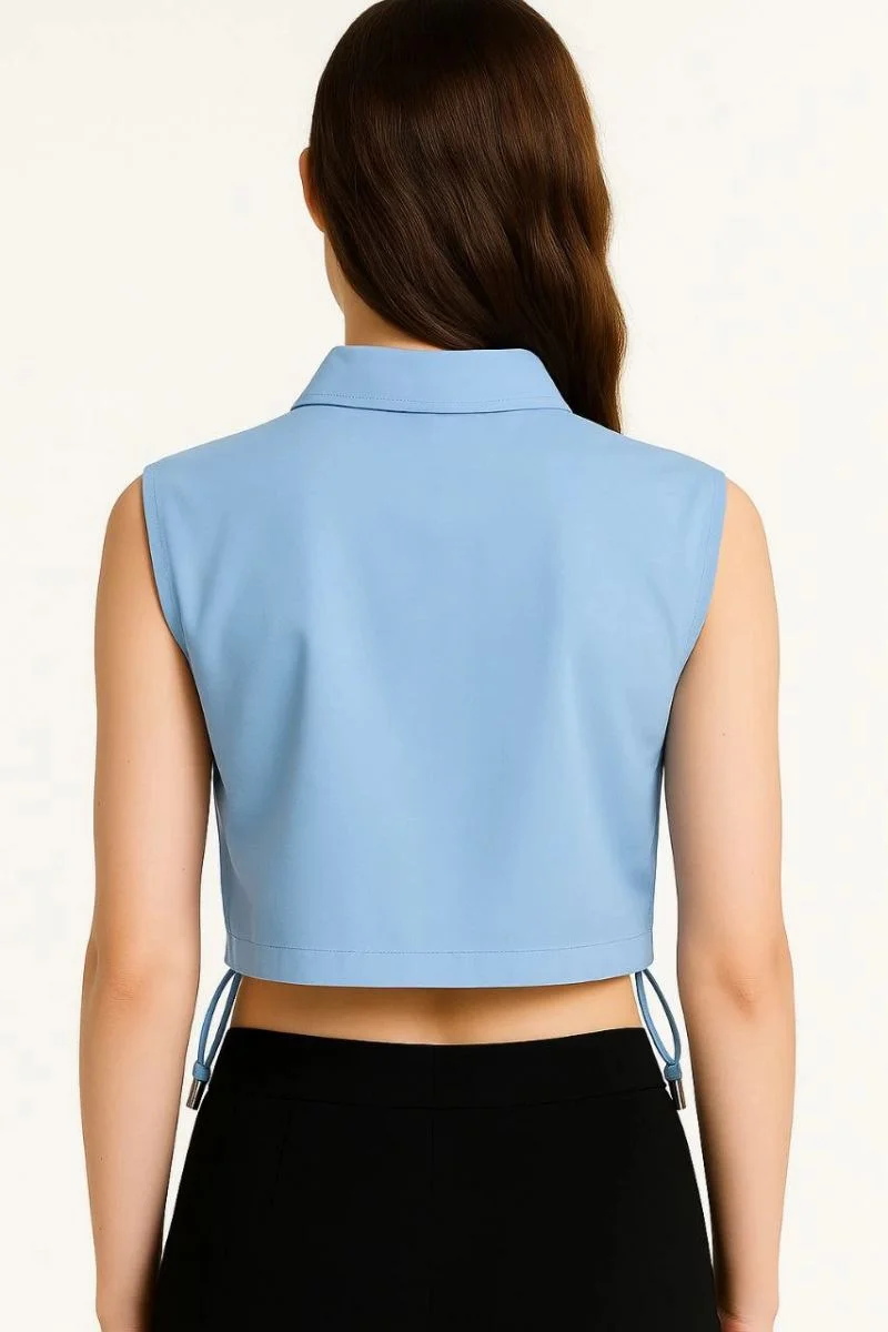 Kadın Crop Poplin Gömlek Yalancı Cepli Ayarlanabilir Yan Kordonlu - Bebek Mavisi