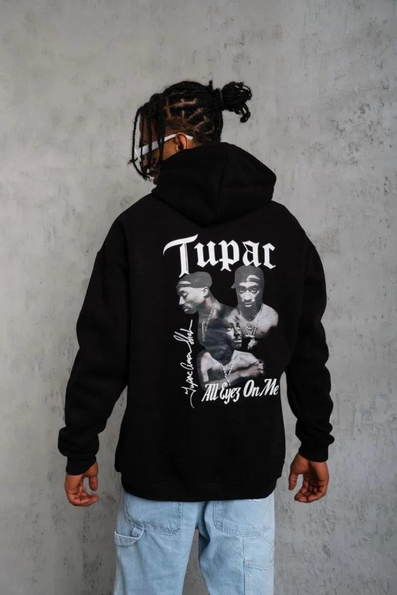 Erkek Kapüşonlu Kanguru Cepli Sweatshirt 3 İplik Pamuklu Baskılı Hoodie - Siyah