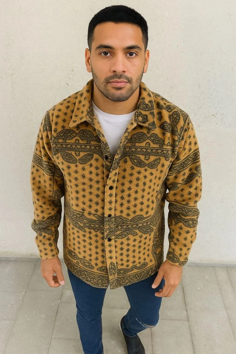 Erkek Düğmeli Gömlek Polar Sweatshirt Yumuşak Dokulu Oversize Kalıp -Sarı